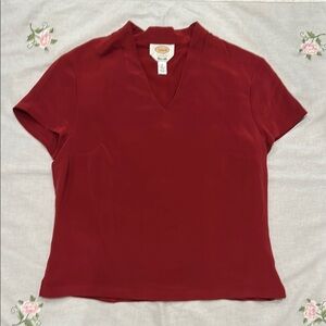 Talbots Red V-Neck Silk Short Sleeve Blouse